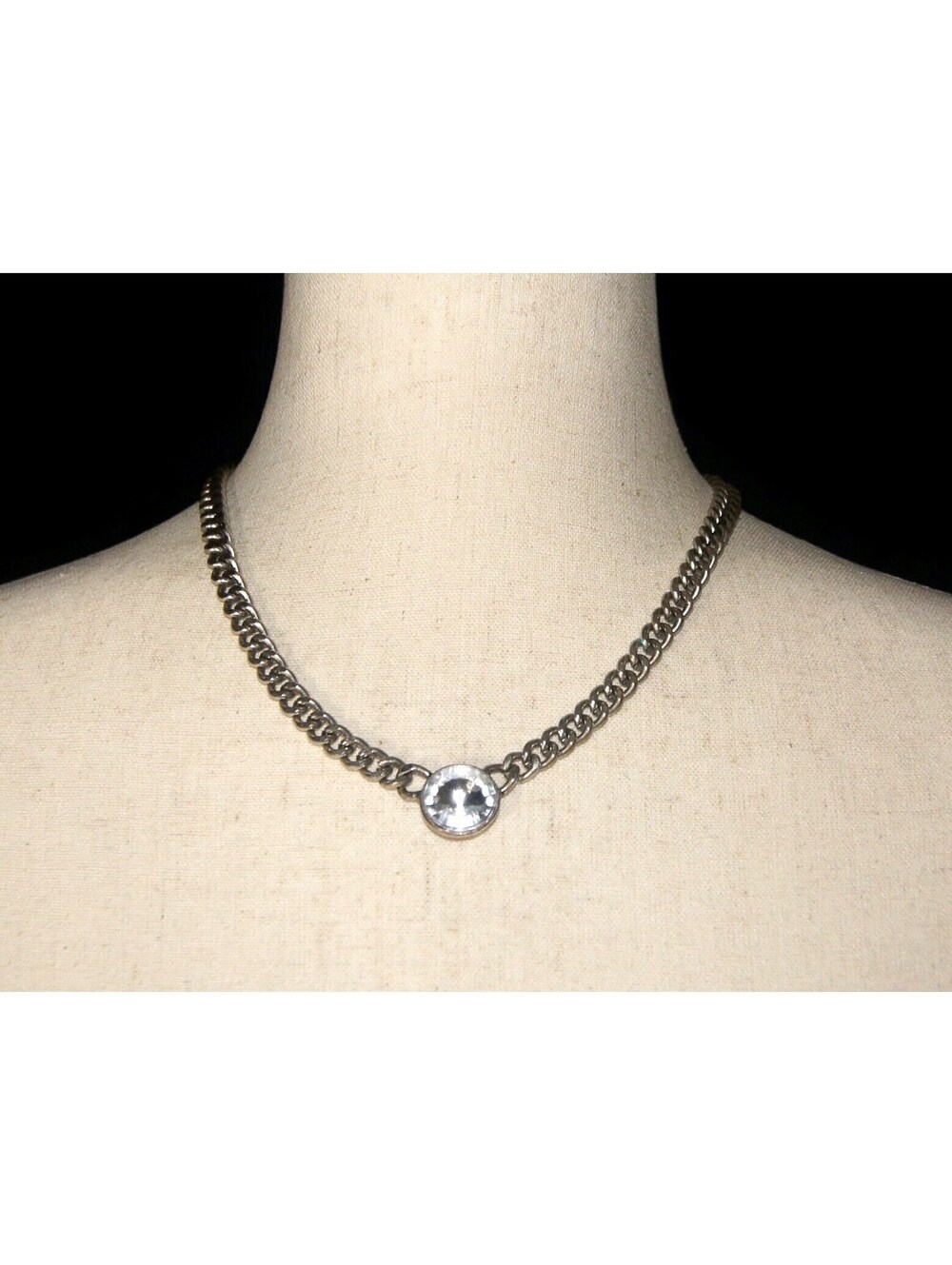 Vintage Round Clear Rhinestone on Silver Tone 18" Chain with Lobster Claw Clasp.